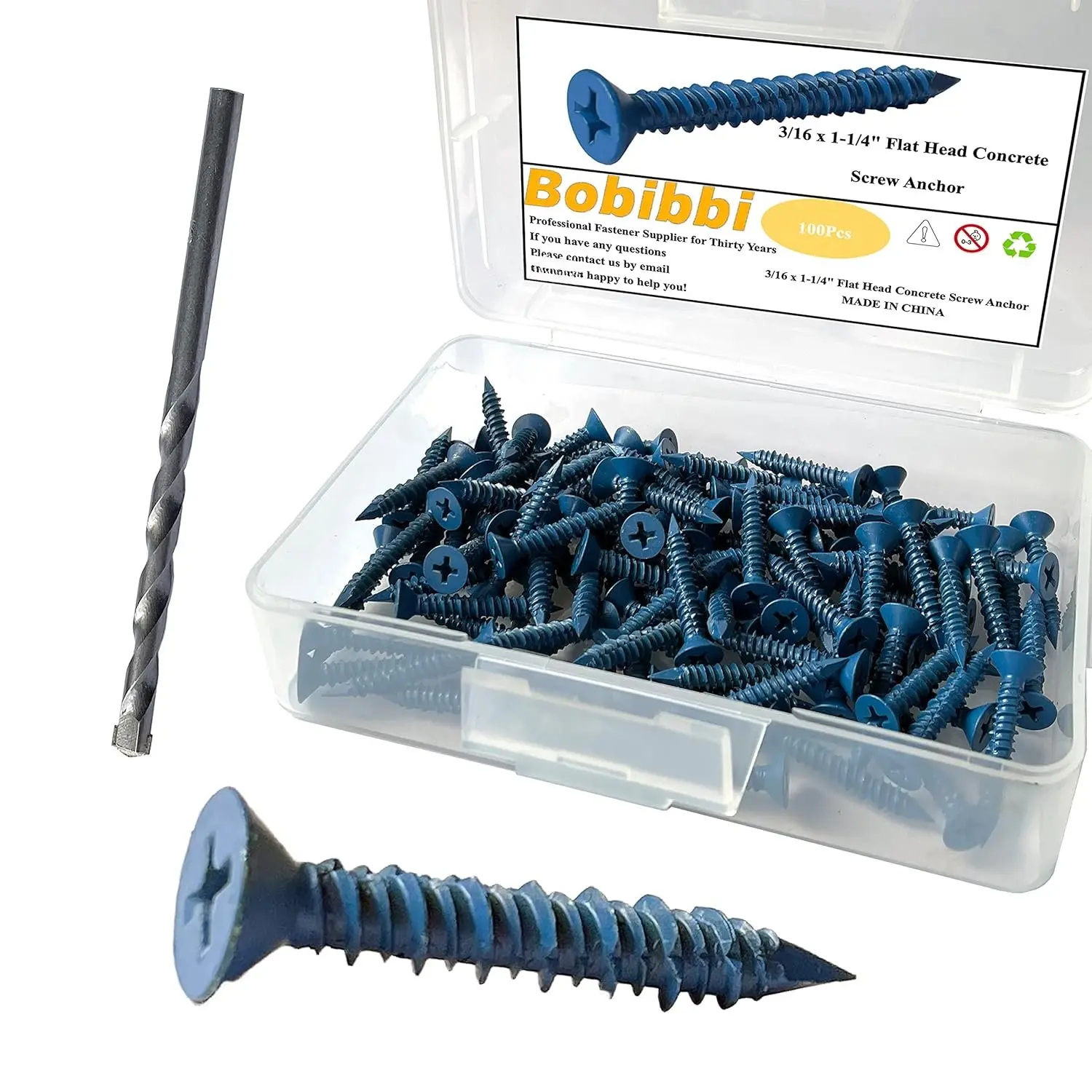 3/16 x 1-1/4" Flat  Concrete Screw Anchor, for Anchoring to Masonry, Block or Brick (100Pcs)