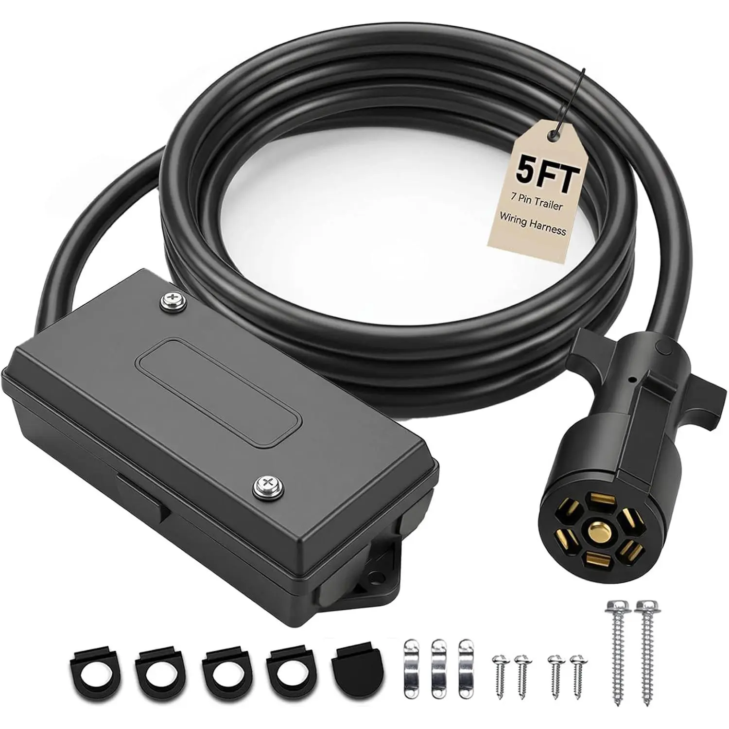7 Way Trailer Wiring Harness Kit 5 FT with 7 Way Trailer Junction Box, Trailer Plug 7, 7 Pin Trailer Wiring Harness for Trailers, RVs, Flexible Connection, Good Sealing Performance