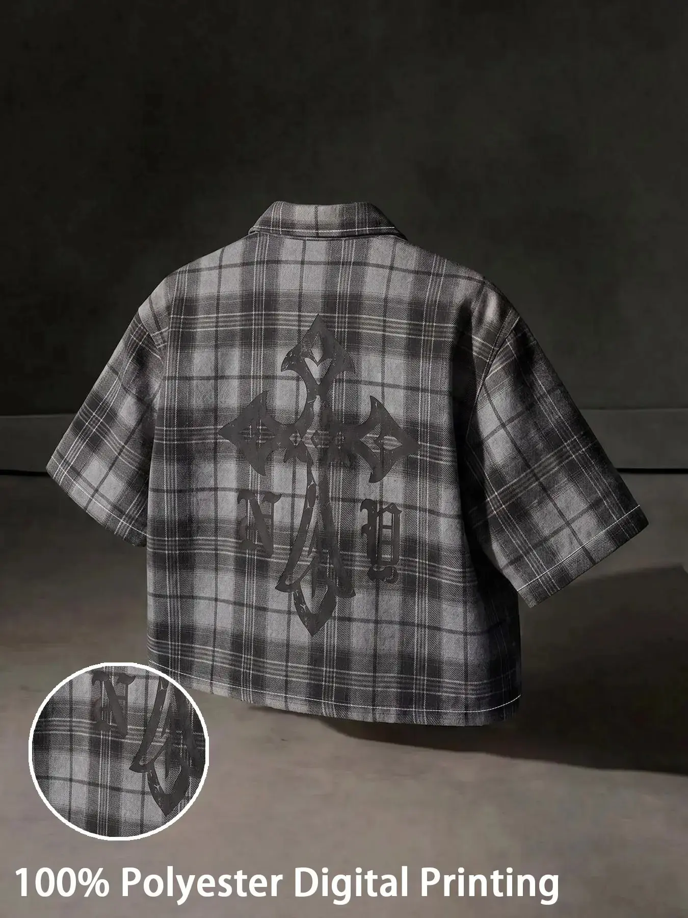 Gothic Plaid Camp Collar Shirt, Boxy Short Sleeve Button Up Top with Cross Back Casual Style Graphic for Y2K High Street, Grunge, Festival, Concert and Daily Streetwear Outfits