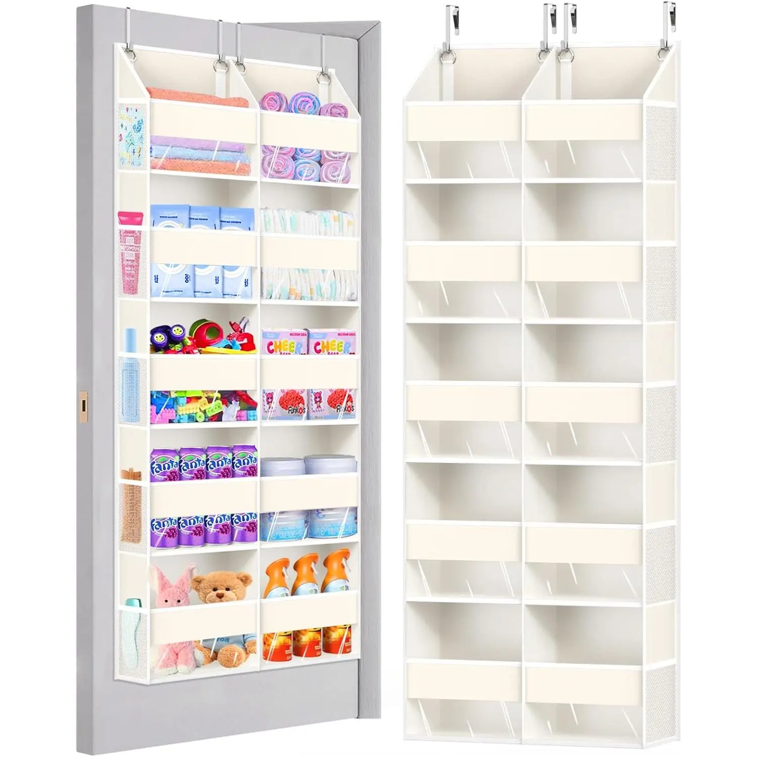 Heavy Duty Over The Door Organizer 5 Tiers, Extra Large Behind Door Storage of 10 Big Front & 10 Mesh Pockets, 80lb Weight Capacity, Hanging Doors Storage for Closet Bedroom Nursery, Beige