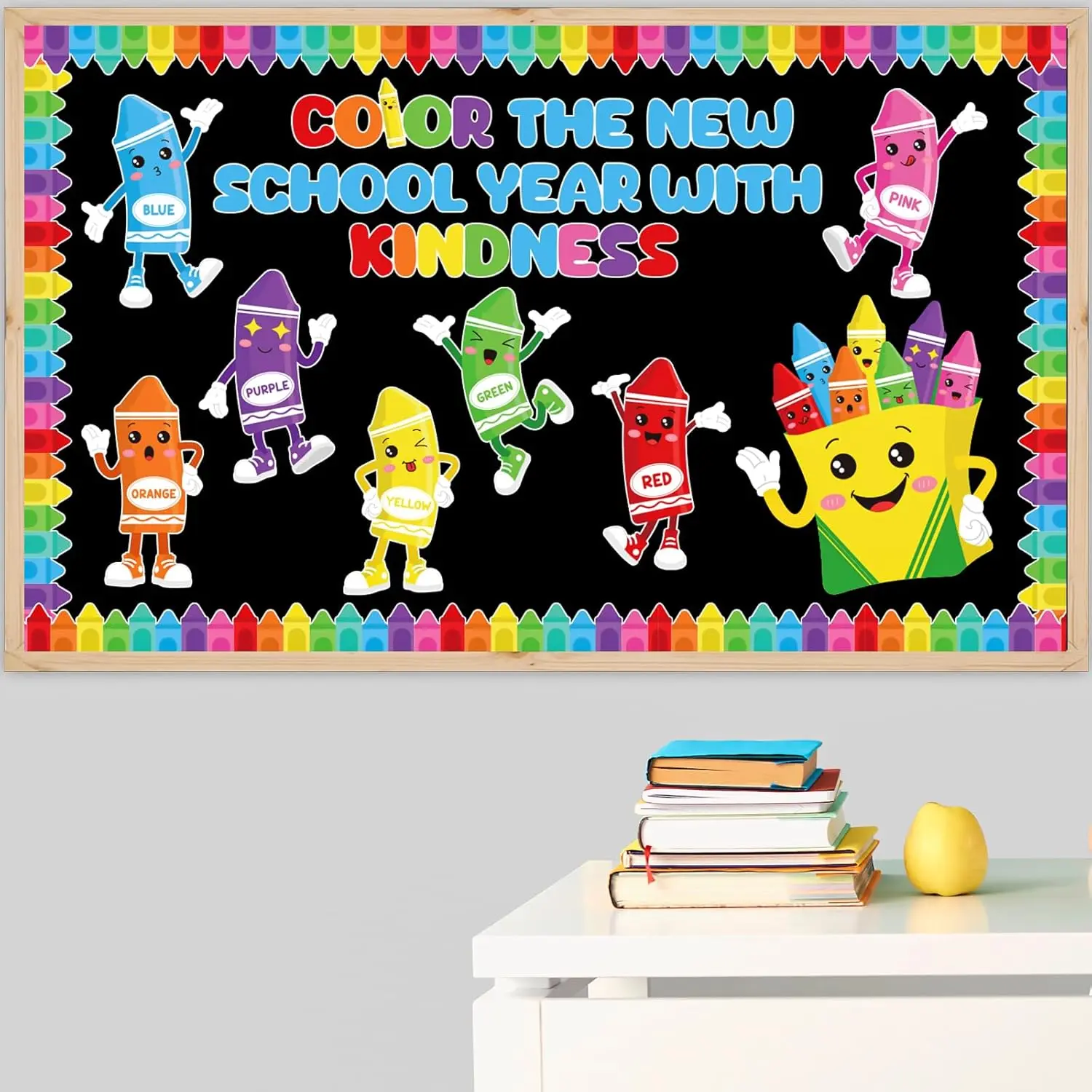 50-Count Crayon Bulletin Decor, Thick Cardboard Colorful Cutouts with Border Trims & Name Tags, Adhesive Points Included for Classroom Door Window Wall Back-to-School Decor (School & Educational Supplies)