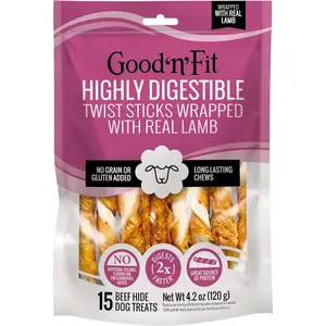 Good 'n' Fit Twist Sticks Made with Real Lamb, 15 Count, Treat Your Dog to Long-Lasting and Highly Digestible Rawhide Chews