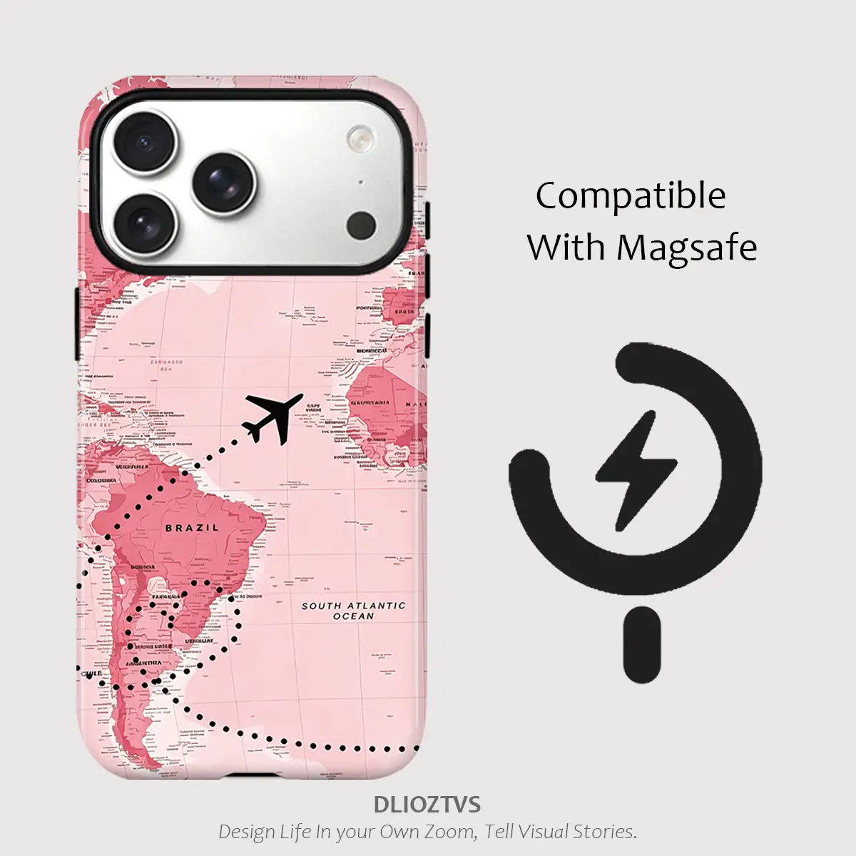 Pink Map and Travel Plane Pattern Phone Case for iPhone 17 Pro Max Air 16 Plus 16e 15 14 13 12 11, Shockproof Durable 2 in 1 Protective Cellphone Casing Cover, Compatible With MagSafe, DLIOZTVS Nice Cases