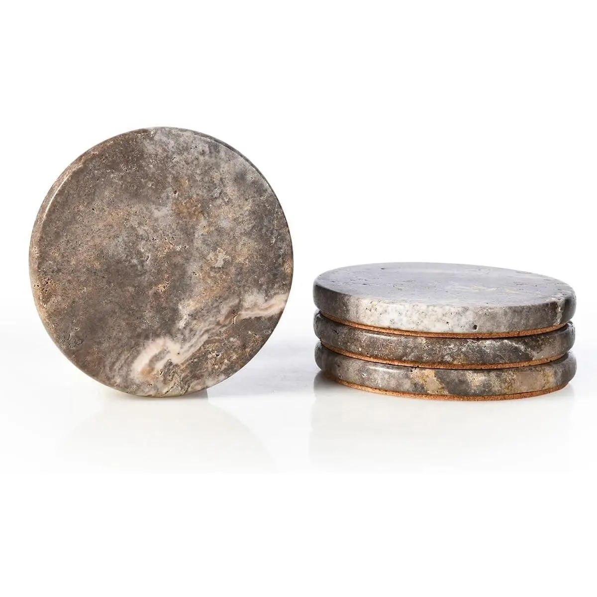 Natural Marble Coasters Set of 4, Round Travertine Coasters 4 Inch, Modern Gray Stone Coaster, Vintage Drink Coaster for Home Decor, Coffee Table, OfficeGift