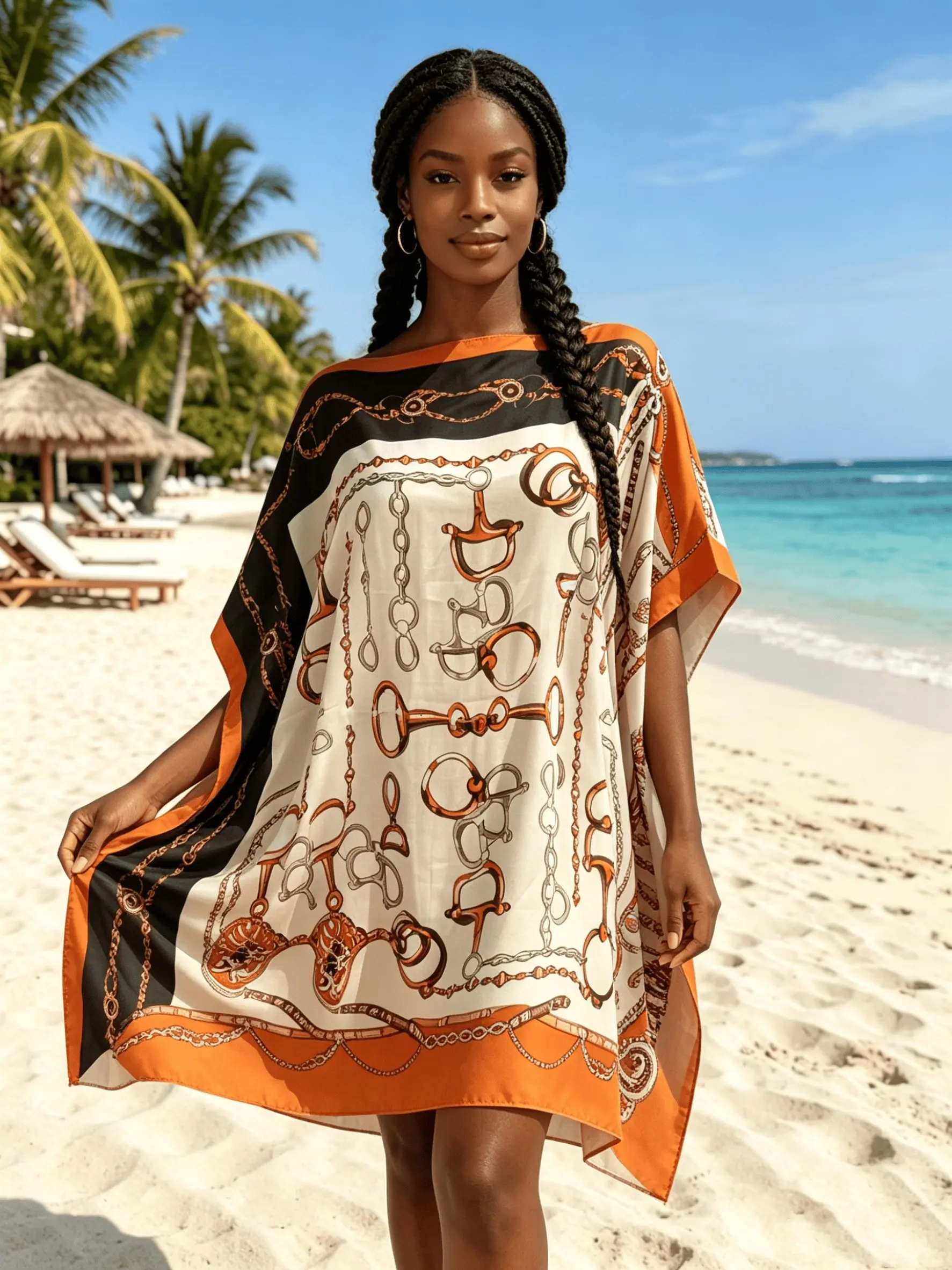 Short Kaftan Beach Cover-Up, Cream Base Vintage Horse Bit Chain Print, Silky Satin Tunic, Swim Cover Dress, Casual Holiday
