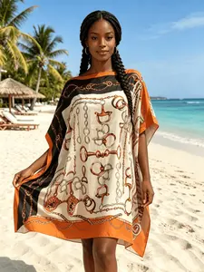 Oversized Short Kaftan Beach Cover-Up, Cream Base Vintage Horse Bit Chain Print Silky Satin Tunic, Loose Plus Size Swim Cover Dress for Tropical Beach, Poolside Loungewear & Casual Holiday Outfits