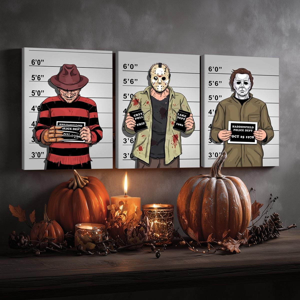 3 Counts Wooden Framed Canvas, Interesting Horror Movie Characters, Halloween Home Poster, Halloween Party Decorations, Living Room And Bedroom Hanging Paintings, Horror Theme, Interesting Posters, Exquisite Gifts, High-Definition Art, Wooden Wall Art