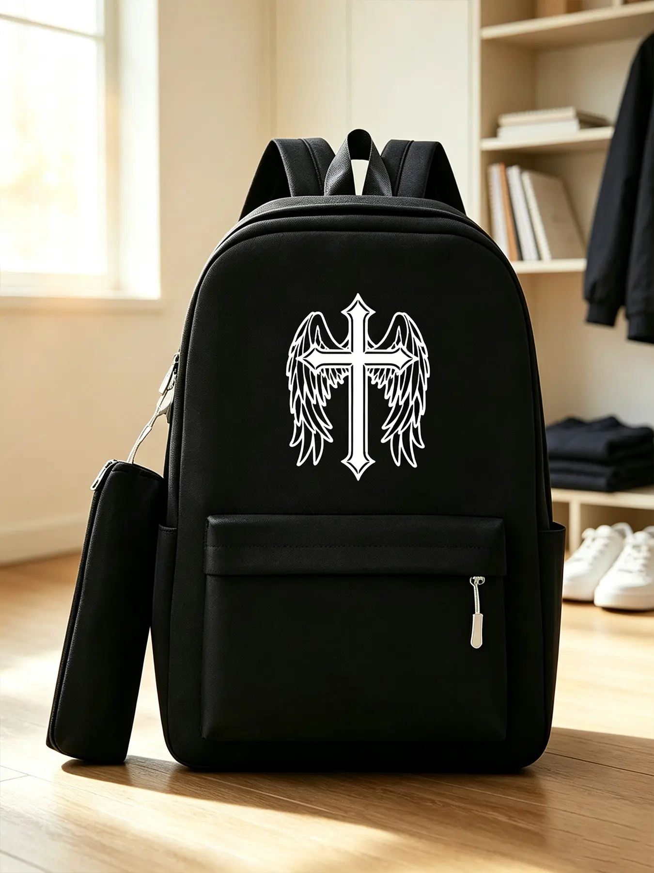 Cross‑Wings Print Fashion Backpack, Unisex Portable Daypack, Laptop Bag for Commute, School, Outdoor Travel Trip