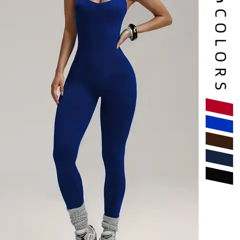 Women's Backless Shapewear Jumpsuit, Seamless Long Pants, Sleeveless Tight Fit Butt Lifting Quick Dry Ribbed Yoga, Workout Jumpsuit, Shaping Yoga Jumpsuit