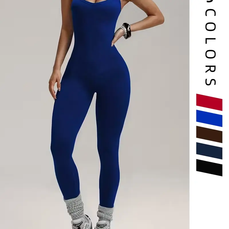 Women's Backless Shapewear Jumpsuit, Seamless Long Pants, Sleeveless Tight Fit Butt Lifting Quick Dry Ribbed Yoga, Workout Jumpsuit, Shaping Yoga Jumpsuit