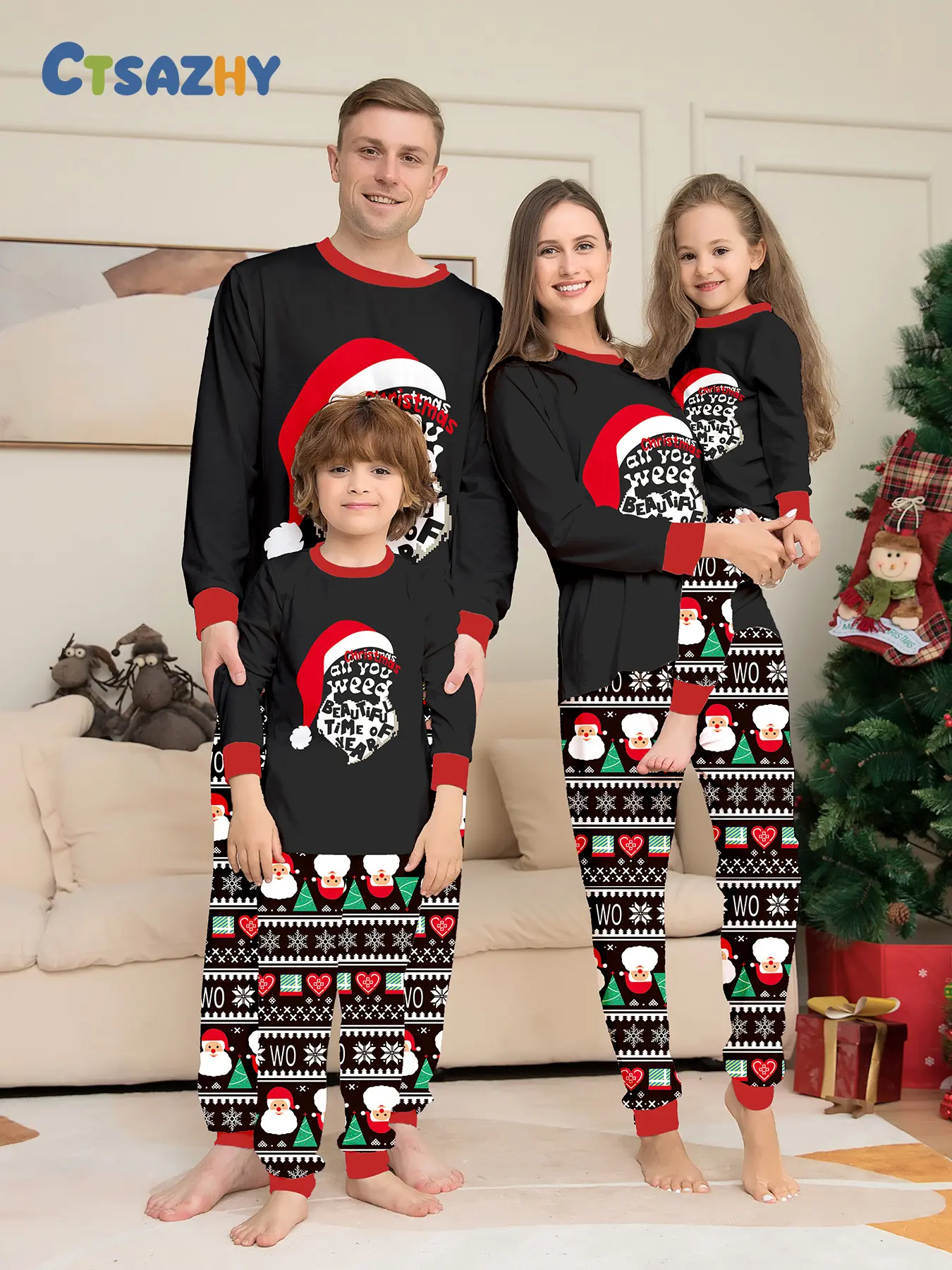 Vintage Fair Isle Christmas Pajama Set, Loose Fit Long Sleeve Pants Two-Piece, Comfortable Home Wear, Family Matching