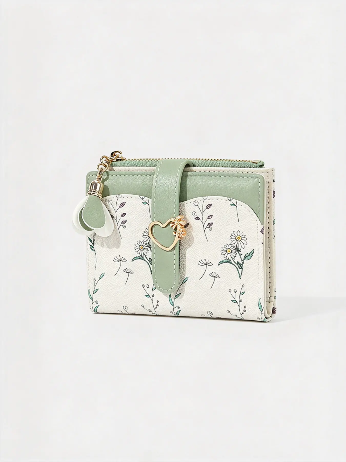 1pc Sweet Floral Printed Compact Wallet with Heart Buckle Closure, Plenty of Card Spaces and Zipper Coin Holder, Lovely Portable Storage Accessory to Organize Cards and Small Belongings