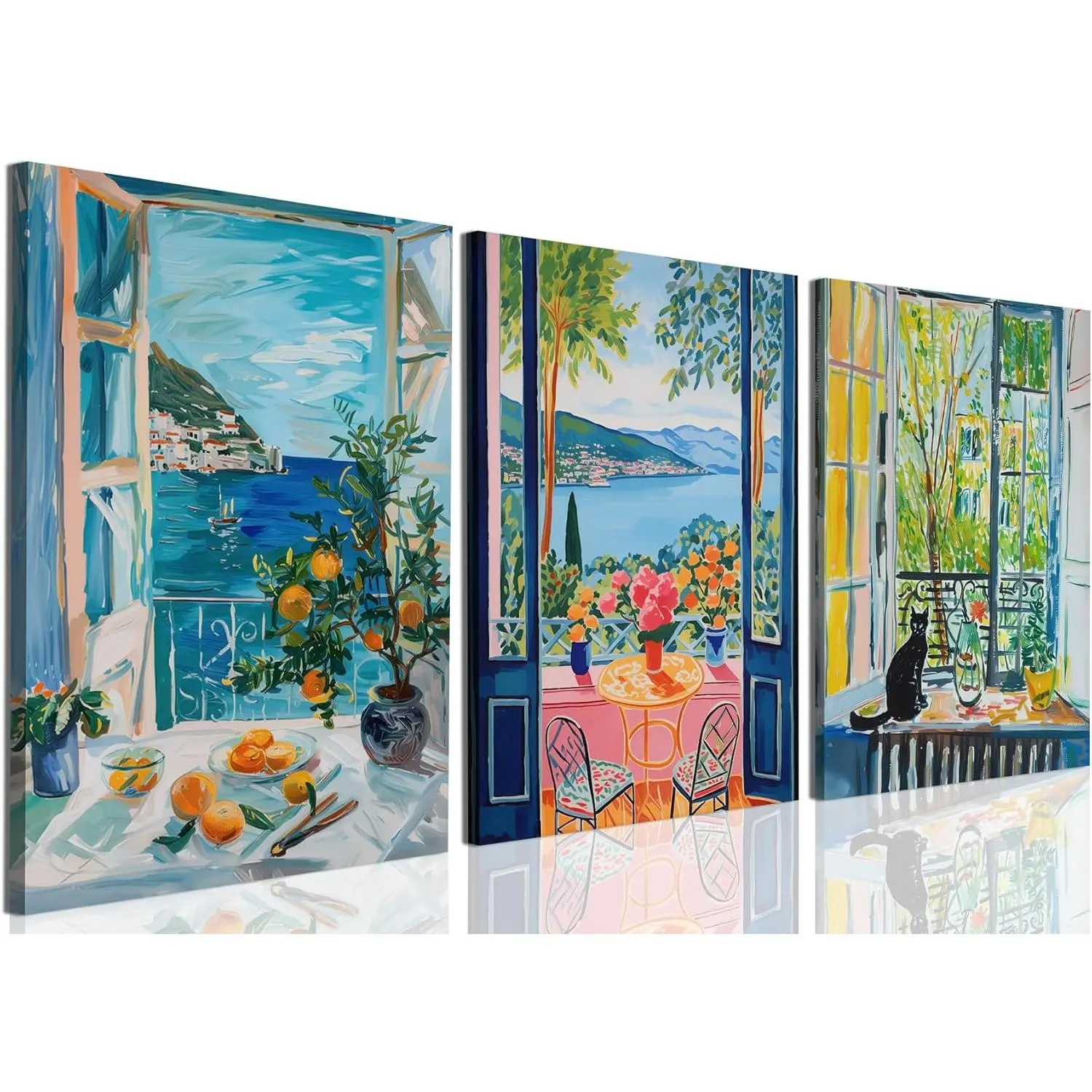 Matisse Blue Coastal View Wall Art Set of 3 Black Cat Flower Painting Wall Decor Vintage Open Window Landscape Canvas Poster Prints for Kitchen Living Room 12x16 inch Framed