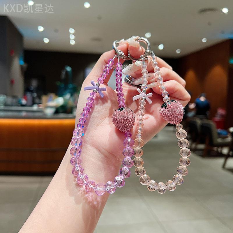 Premium sense rhinestone strawberry mobile phone chain crystal wrist beaded lanyard anti-drop crystal mobile phone chain anti-lost key chain Wireless Charm Aesthetic Cloth Smartphone Cellphone