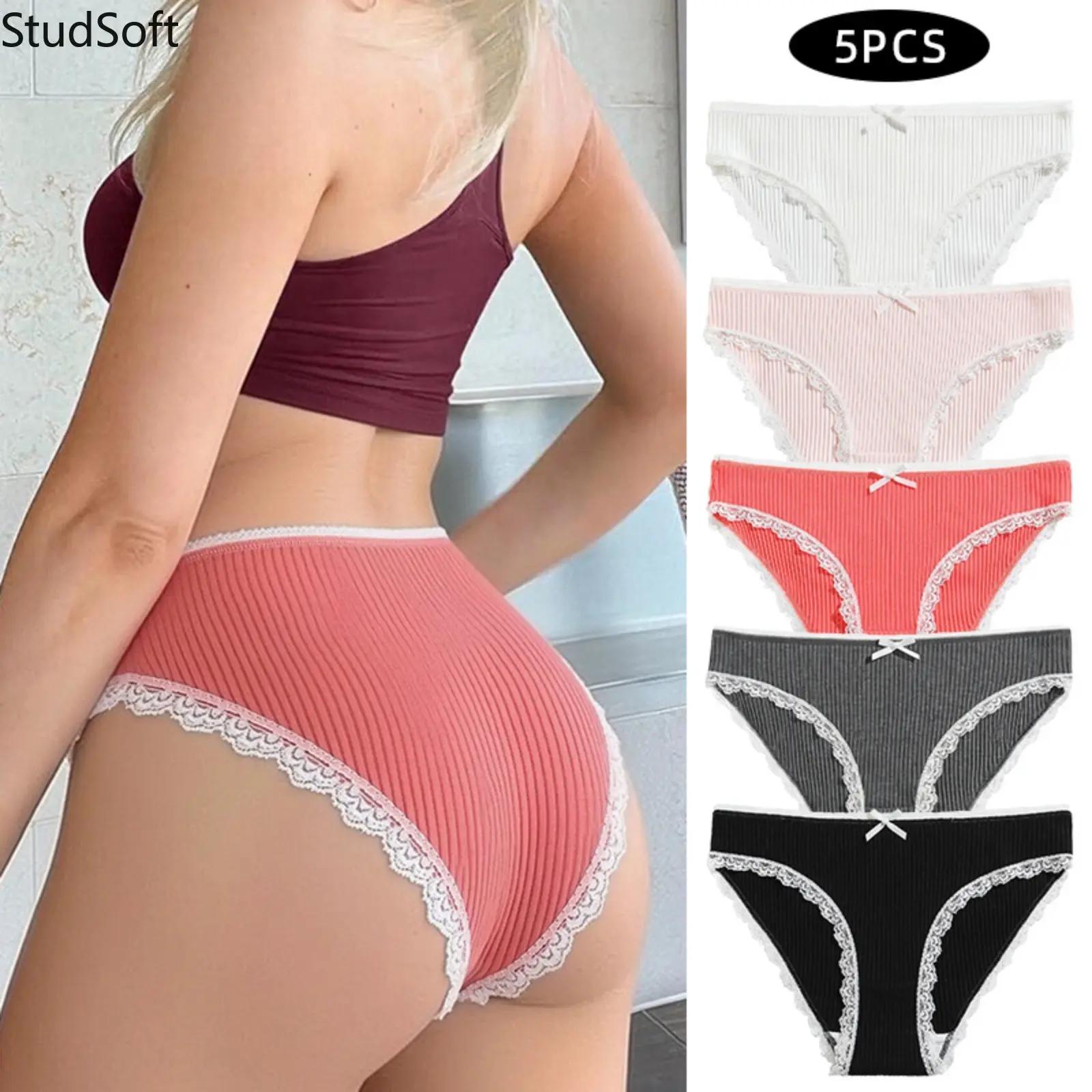 5Pcs Ribbed Cotton Briefs for Women Sexy Lace Trim Bikini Panties Cute Bowknot Underwear Multipack Stretchy Soft Knickers for Yoga Gym Lounge Daily,back to school,back to school haul
