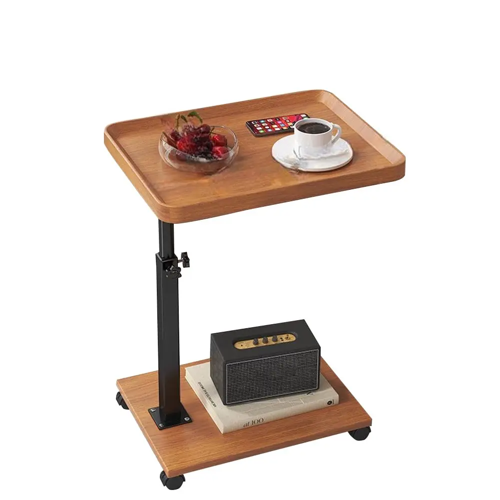 Height Adjustable Side Table with Wheels Mobile End Table Wood Top Sofa Snack Table Bedside Storage Shelf for Living Room Bedroom