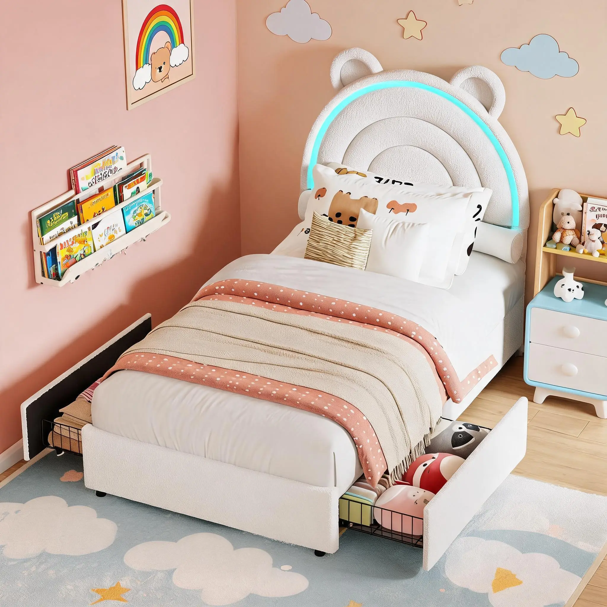 Bed Frame,Twin Upholstered Bed Frame w/2 Storage Drawers & LED Lights,Velvet Upholstered Platform Bed w/Rainbow Headboard,Velvet Princess Platform Bed Wood Slats Support, No Box Spring Needed