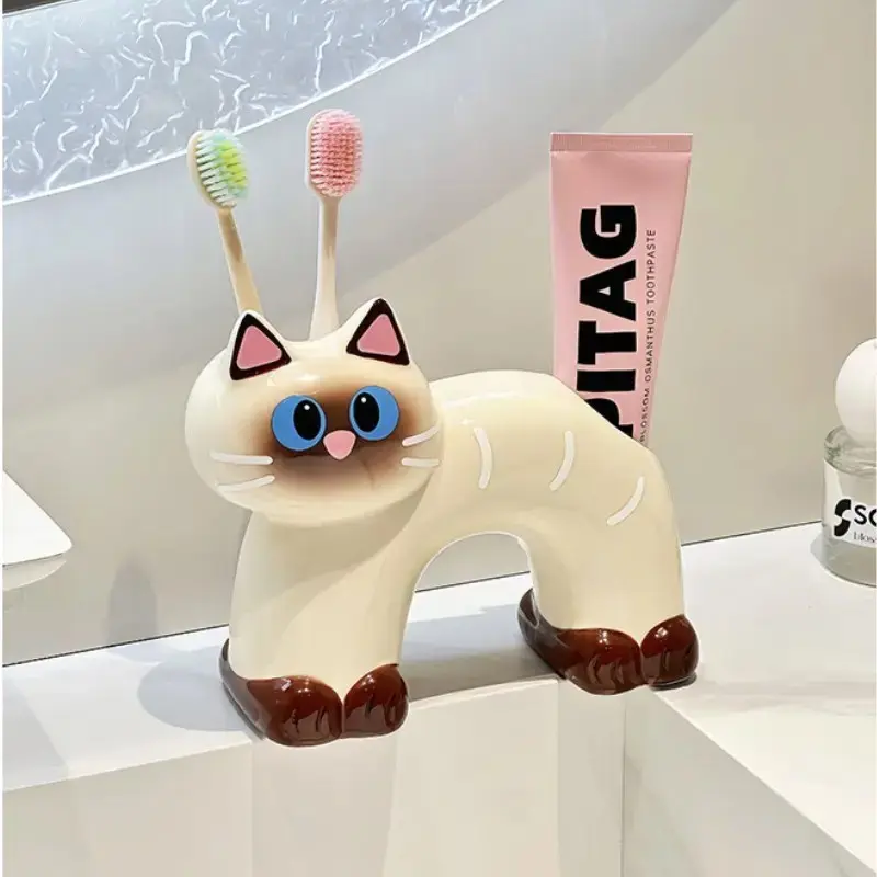 Cute Arch Siamese Cat Ceramic Toothbrush Holder, Draining Multi-Purpose Toothpaste & Toothbrush Storage Caddy, Adorable Cartoon Tabletop Decor For Bathroom Vanity Counter, Countertop Toothbrush Holders With Drainage, Toothbrush And Toothpaste Holder