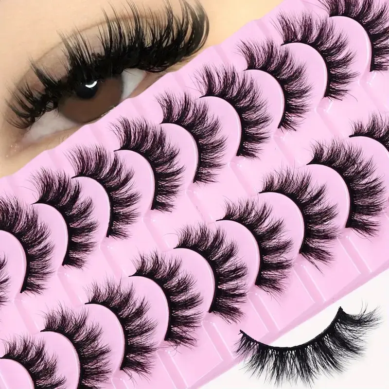 10 Pairs Fluffy Slim Thick Curling Natural False Eyelashes, Cosmetic Fake Lashes, Manga Cat Eye Looks, Suitable for Holiday Parties, Cosplay, DIY and Various Occasions