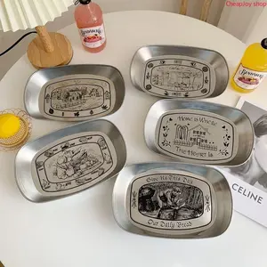 Retro tray American tinplate household stainless steel dinner plate snack fruit plate food coffee table storage picnic plate