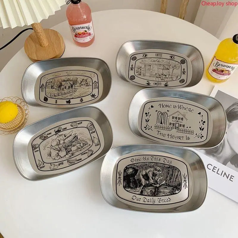 Retro tray American tinplate household stainless steel dinner plate snack fruit plate food coffee table storage picnic plate