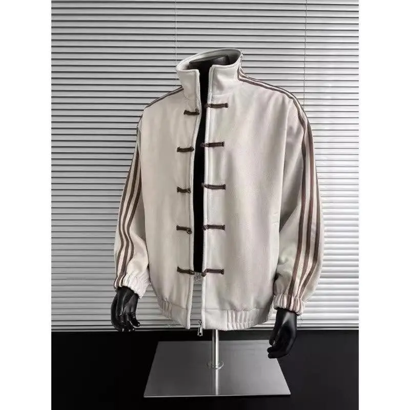 Chinese Style Tang Suit Jacket with Buttons Men's Autumn Sports Cardigan Suede Long Sleeve Jacket Clothing1.
