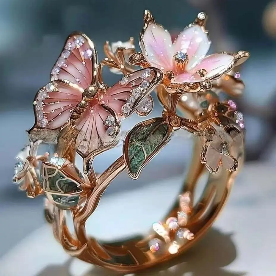 Loveden Butterfly Flower Open Ring for Women, Elegant Enamel Oil Drip Fashion Statement Ring, Sparkling Rhinestone Inlaid Adjustable Floral Butterfly Jewelry, Ideal Gifts for Women & Romantic Gifts for Her for Dating Wedding Holiday