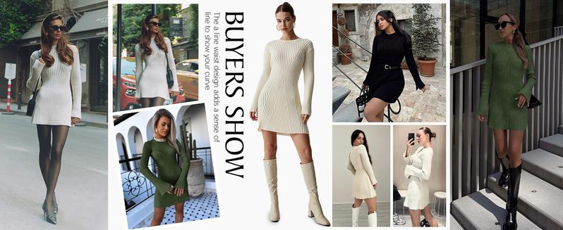 Saodimallsu Womens Long Sleeve Sweater Dress Bodycon Crew Neck Fall Slimming Knit Mini Dresses