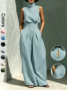 Women's Two-Piece Set High Neck Top and Long Pants, Elegant Formal Office Wear Sleeveless Top and High Waist Long Pants Set