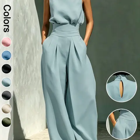 Women's Two-Piece Set, Clothes, High Waisted Sets, High Neck Sleeveless Top and High Waist Long Pants, Elegant Formal Office Wear Outfit