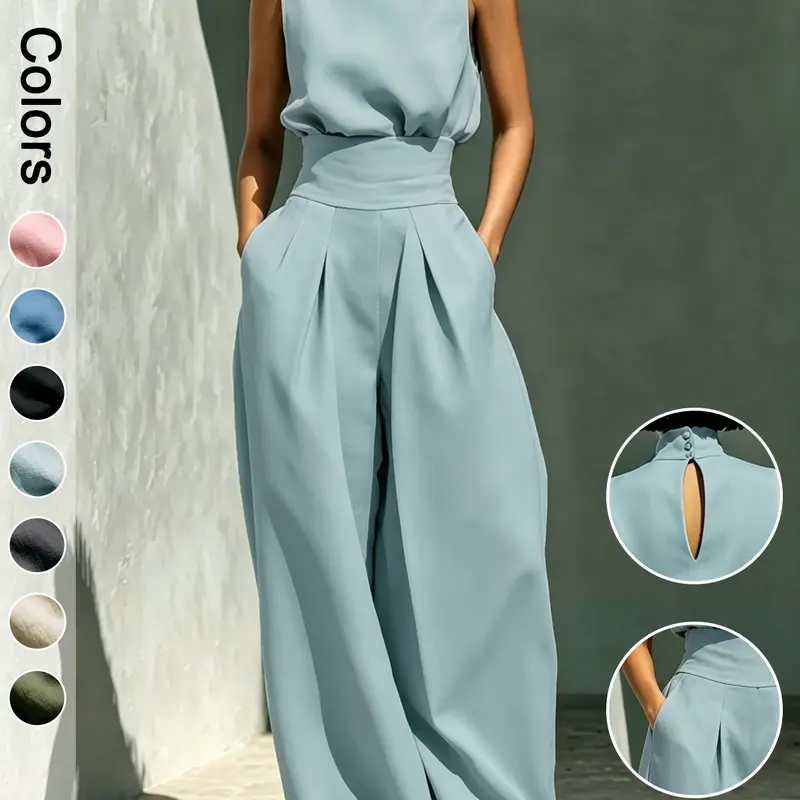 Women's Two-Piece Set, Clothes, High Waisted Sets, High Neck Sleeveless Top and High Waist Long Pants, Elegant Formal Office Wear Outfit