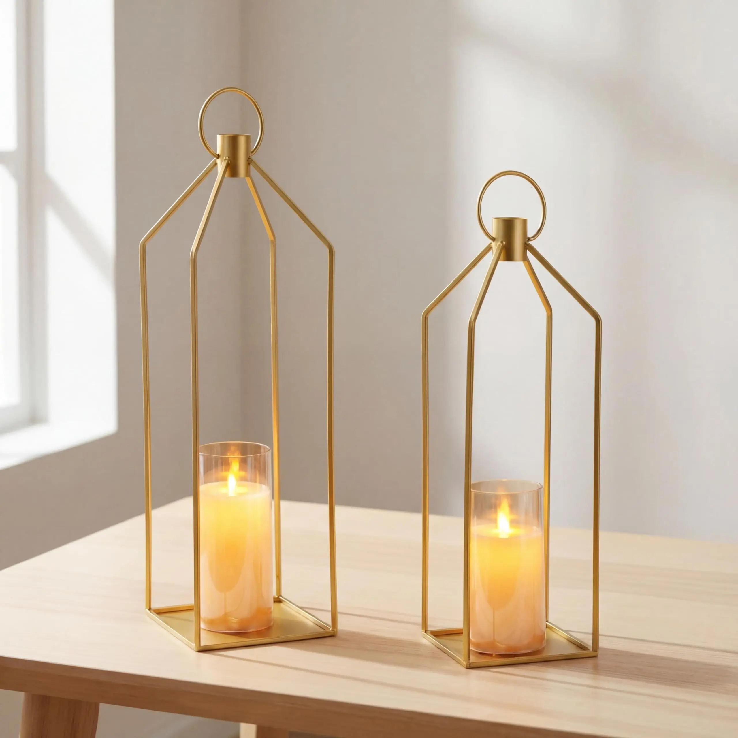Garvee 2-Piece Lantern Set with LED Candles, Metal Lanterns with Remote Control, Acrylic LED Candles, Modern Decorative Lanterns for Living Room, Garden, Table Decoration, Battery Operated