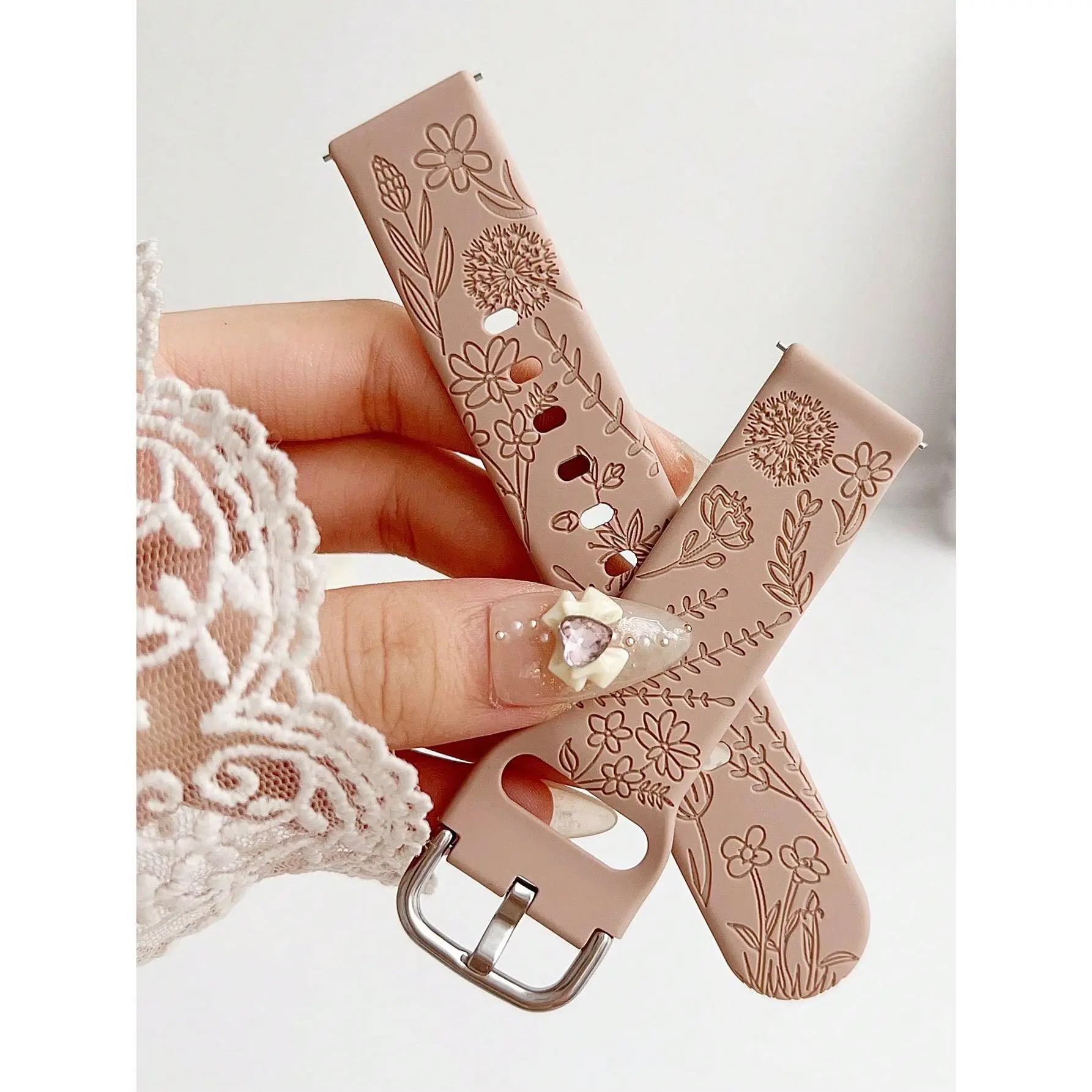 Cottagecore Watch Bands For Girls Women, Creative Floral Dandelion Engraved Silicone Strap Compatible With 20mm 22mm Smartwatch, Vintage Elegant Outfits Accessories