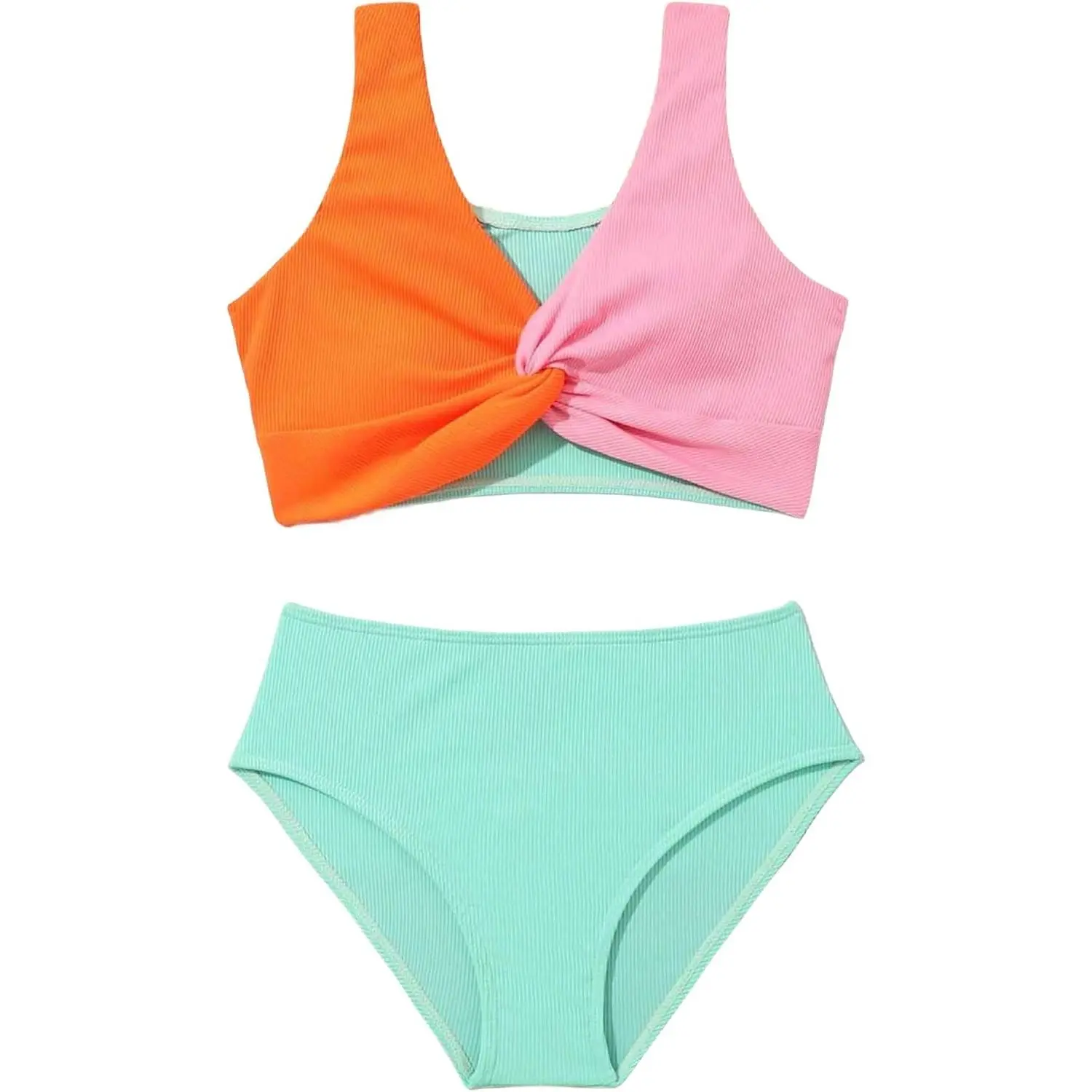 Two Piece Swimsuits Teen Bikini Color Block Girls' Swimwear Ribbed Swimsuits Size 8-16(Gift)