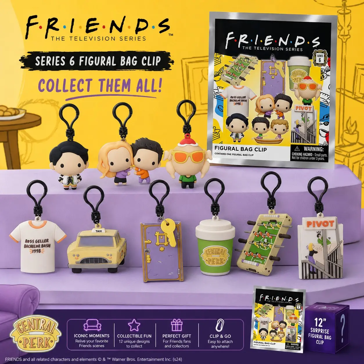 Friends TV Show Officially Licensed Figural Bag Clip, Series 6 Mystery Blind Bag Keychain, Collectible Gift for Fans, Nostalgic Sitcom Keyring