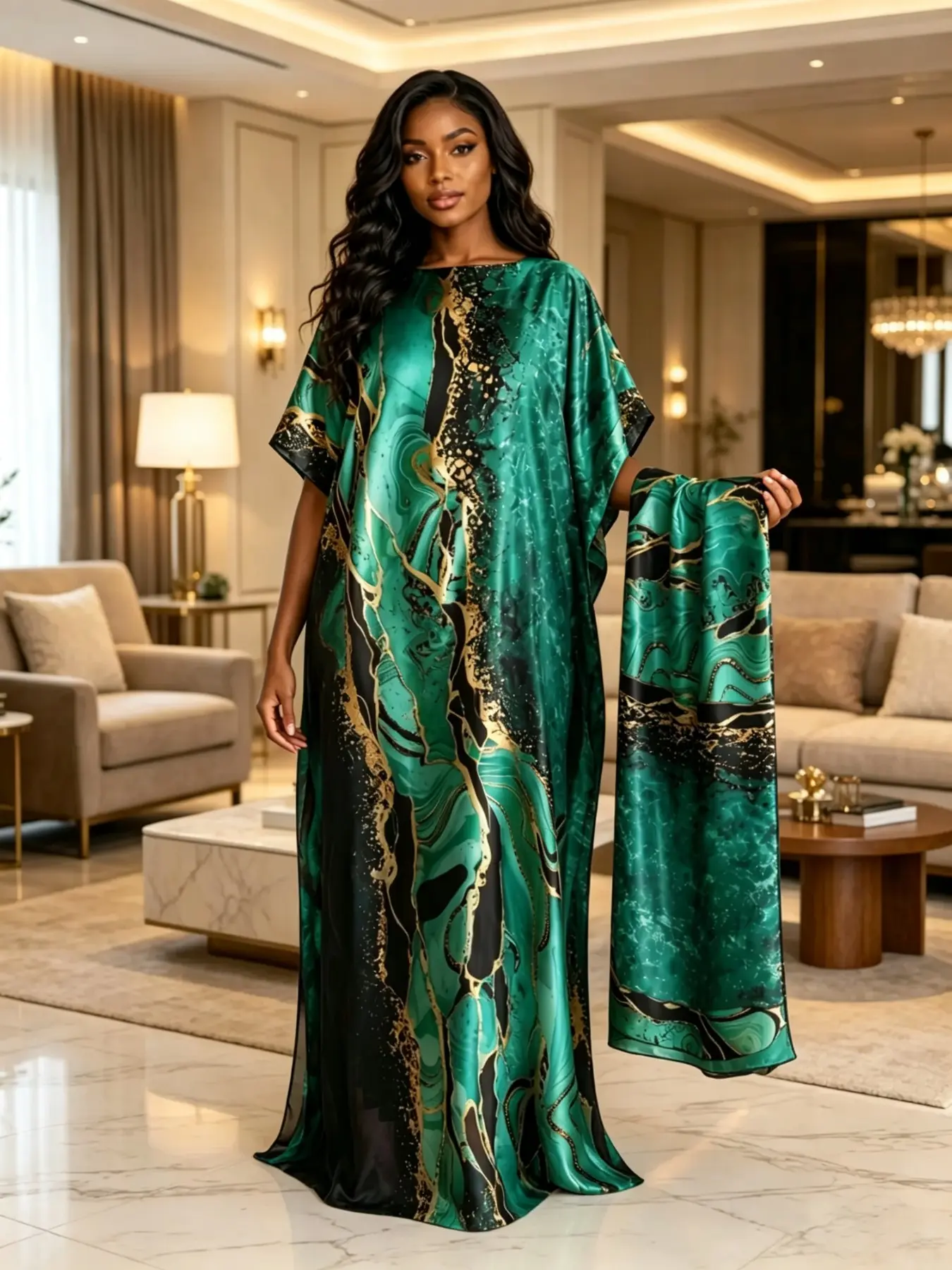 Plus Size Women's Two-Piece Satin Kaftan Set, Kaftan Style Dresses, Gold Marble Print, Long Sleepwear with Matching Headscarf, Loose Fit, Breathable