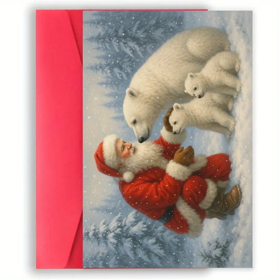 1Pc Christmas Greeting Card, Santa Claus Hugging Polar Bear Family Winter Snow Scene Card, Warm Xmas Holiday Gift Card with Envelope, Blank Inside Christmas Card for Family Friends Kids