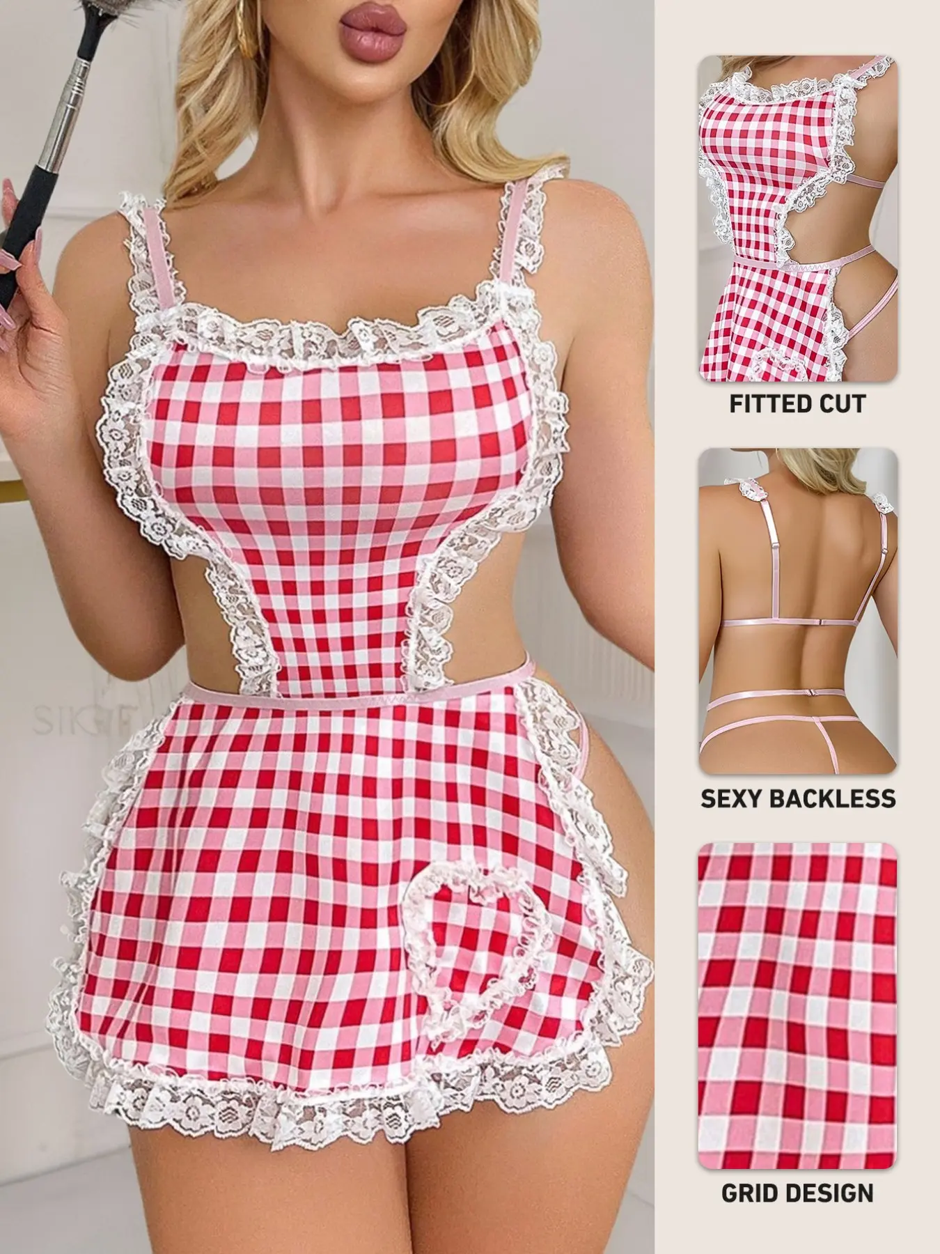 Elegant Women's Lingerie Costume, Plaid Print Adjustable Halter Dress, Romantic Nightwear for Home Parties and Valentine's Day  altgirl rave outfit rave outfit
