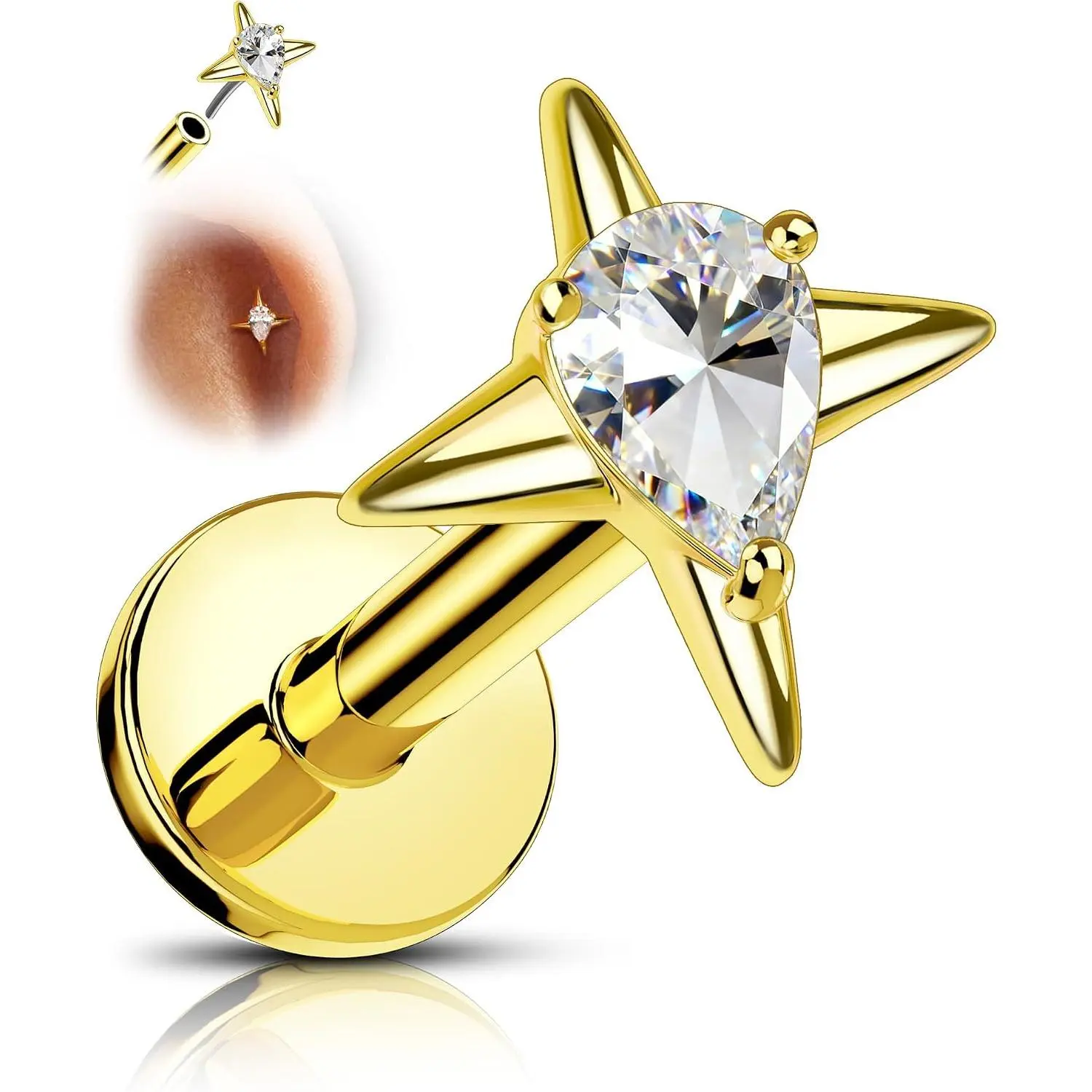 G23 Titanium Threadless Flat  Stud, Pear CZ Starburst Cartilage Earring, 18G  Helix Tragus Flat   for  Ears, 6mm