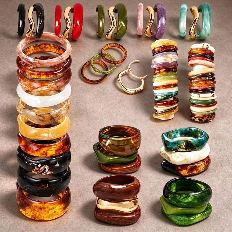 10/8/5/3Pcs Vintage Irregular Resin Stack Bangles, Chunky Bangle Bracelets, Wide Cuff  Stackable Bangles, Great Gift for Best Friends Family, Suitable for Anniversary Gifts, Wedding Party & Daily Casual Matching
