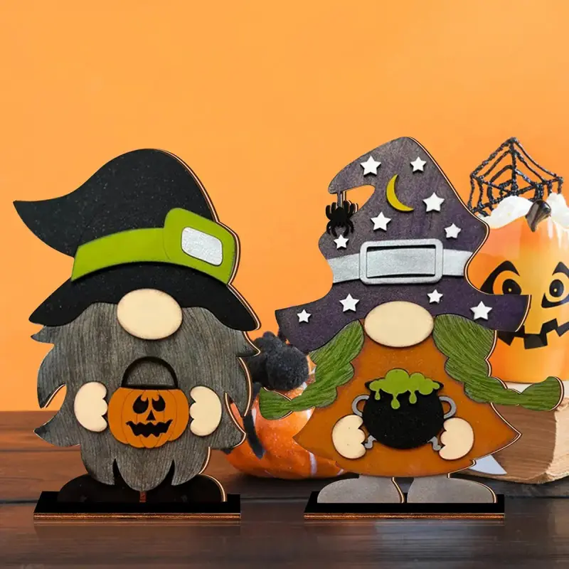 2 Pack Halloween Wooden Gnome Tabletop Decor, Witch Cauldron & Pumpkin Jack-o'-lantern Freestanding Tiered Tray Signs, Spooky Fall Farmhouse Mantel Coffee Table Ornament, Halloween Indoor Home Party Decor Gift