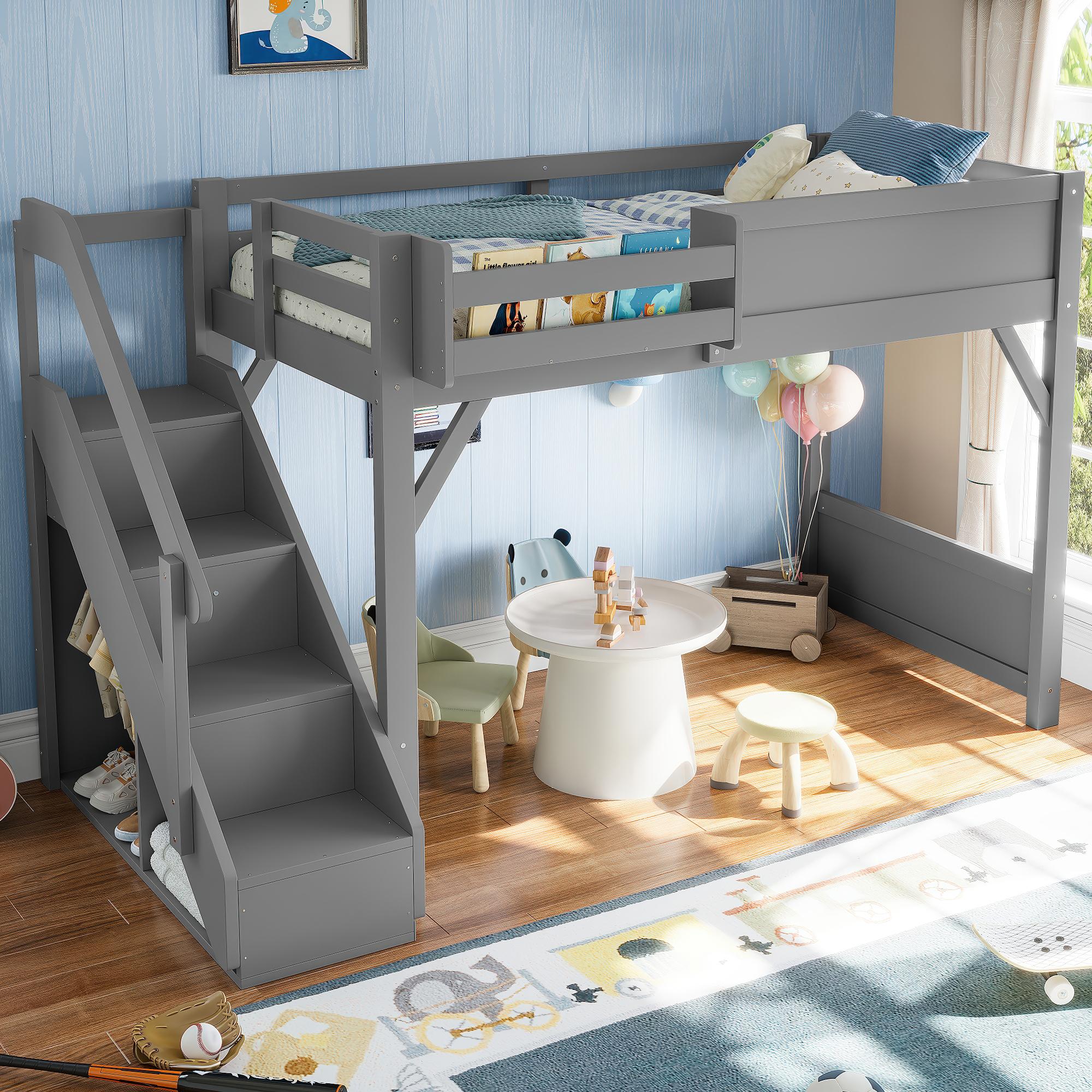 [Bellemave]Twin/Full Size Loft Bed with Built-in Wardrobe and Storage Space, Solid Wood Loft Bed with Beside Shelves, Full-length Guardrails and Stairs, No Box Spring Needed, Gray