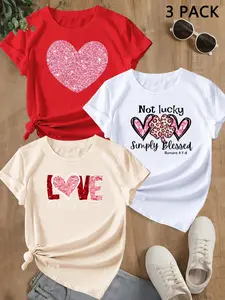 Summer Trendy Short Sleeve, Sporty Heart Print, Women's Casual Loose-Fit Round Neck T-Shirt, Comfortable Summer Top, Perfect for Outdoor Activities