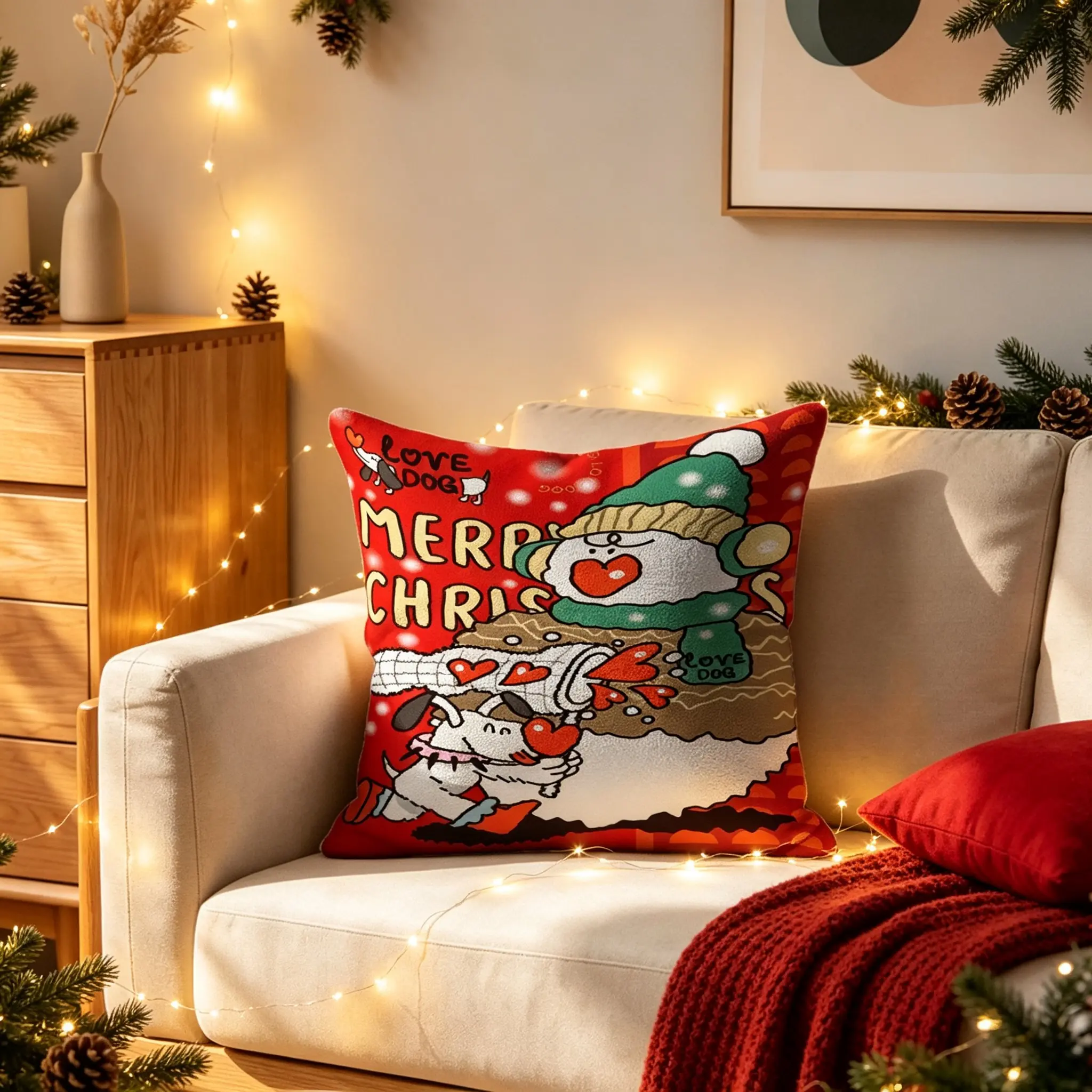 1Pcs Cartoon Snowman & Gingerbread Man Christmas Printed Throw Pillow, Soft Cushion That Includes Pillow Core, Stylish Accent Pillow Creates Cheerful Holiday Vibe, for Holiday‑Loving Adults, Great for Sofa, Bed & Living Room Seasonal Decor