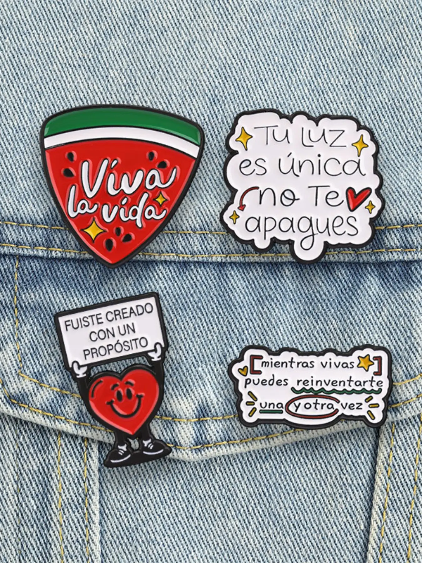 Spanish Inspirational Quote Enamel Pin Set 4pcs, Viva La Vida Positive Slogan, Lapel Badge, Backpack Accessory, Fashionable Gift Idea