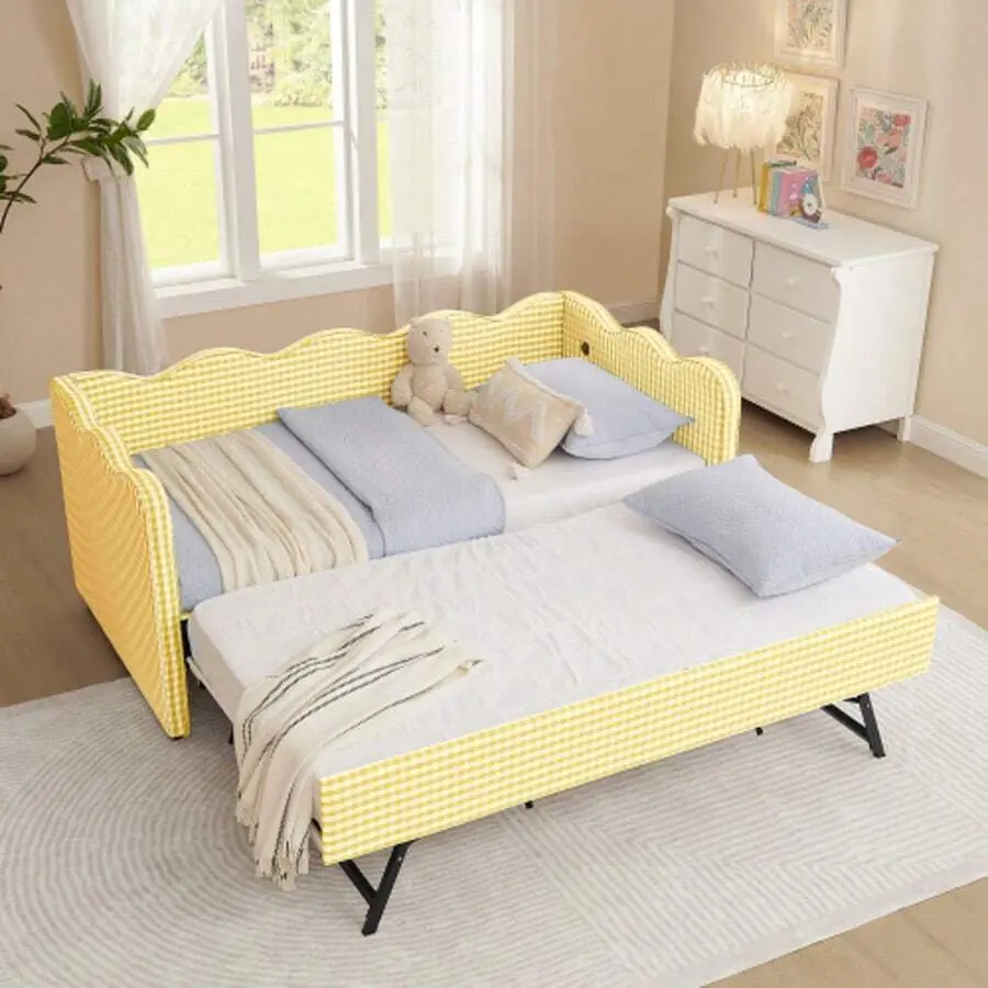 Twin Size Gingham Linen Plaid Print Daybed with Trundle - USB Charging, Rounded Waves Design, Quick Setup, No Box Required, Modern Furniture for Modern Home Decor, Multi-Functional Sofa Bed for Guest Room, Living Room
