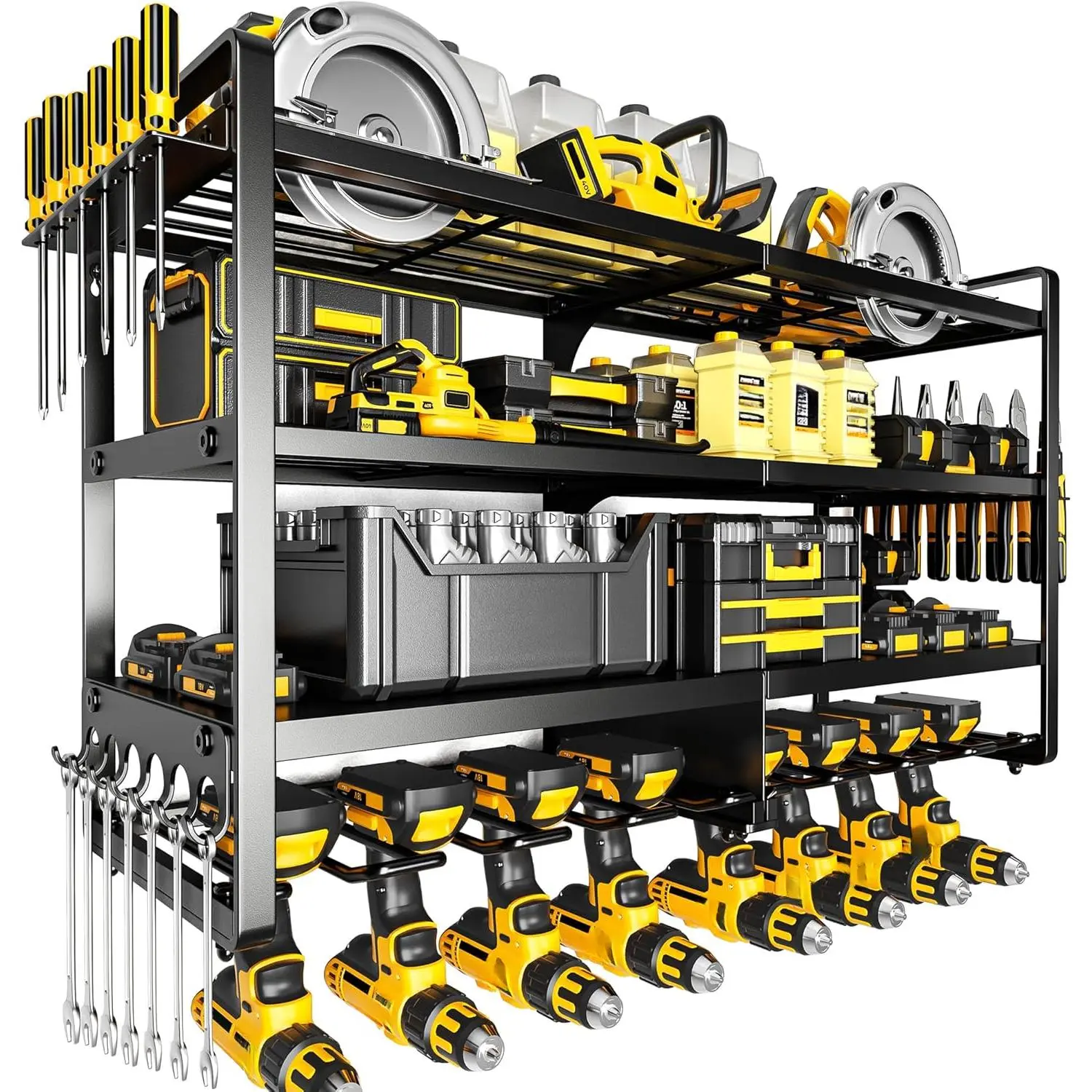 Large Wall-Mount Power Tool Organizer, 4-Layer Heavy-Duty Metal Shelf with 8 Cordless Drill Holders & Battery Storage, 400lbs Load Capacity Utility Racks for Garage Workshop, Utility Racks Garage Workshop