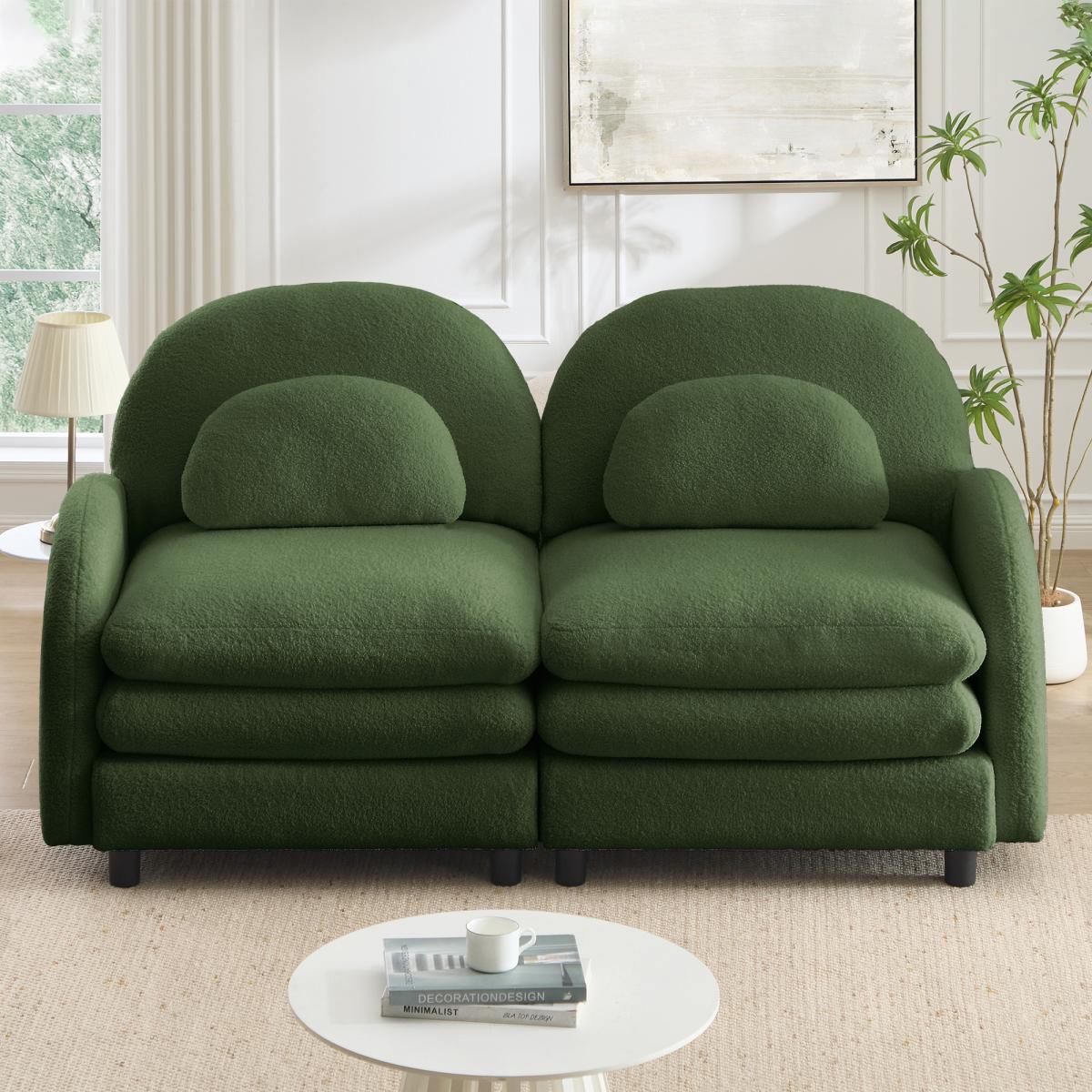Teddy Fabric Soft Cloud-like Loveseat Sofa,Curved Backrest and Armrest with Curved Lumbar Pillows, Modular 2 Seater Couch with Supportive Double-layer cushion, Green Teddy Fabric Soft Cloud-like Loveseat Sofa,Curved Backrest and Armrest with Curved Lumbar Pillows, Modular 2 Seater Couch with Supportive Double-layer cushion, Green