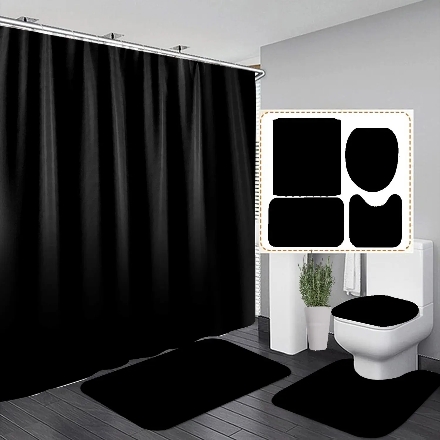 Black Bath Curtain Set, Thickened Edition, Includes Curtain, Toilet Mat, Bath Mat, and Toilet Cover with 12 Hooks, Bath Accessories, Shower Curtain Set for Bathroom