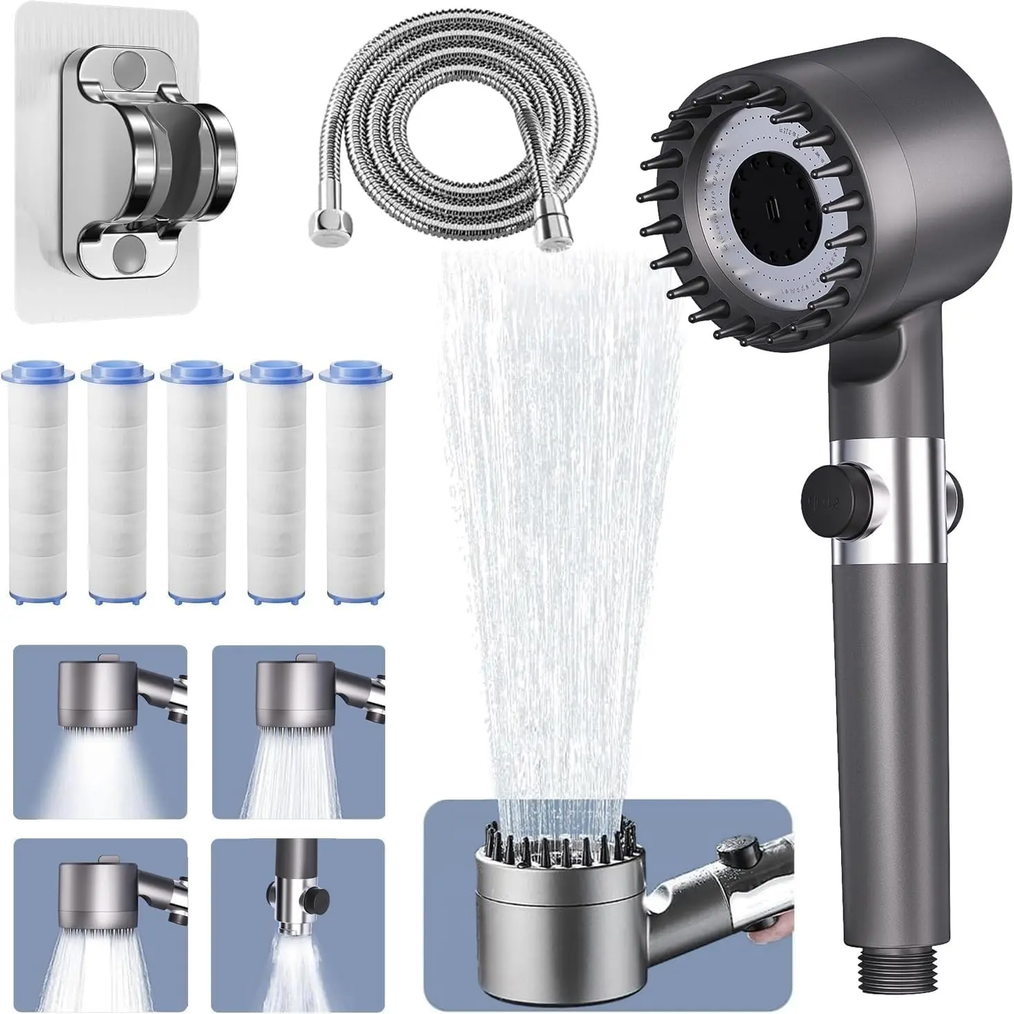 Ion Drop Shower Head - High Pressure Handheld Showerhead with 5 Filters, 4 Spray Modes, Pause Switch, Ion Shower Head with 59" Explosion-Proof Hose & Bracket for Hard Water & Pets, Gray
